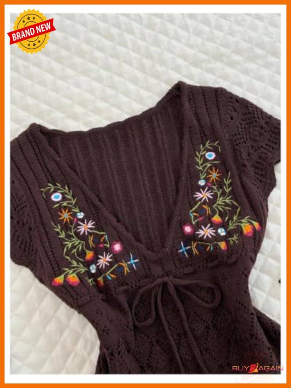 Boho Floral Embroidery Openwork Knit Top Drawstring Ruffle Hem - Picture 5 of 6